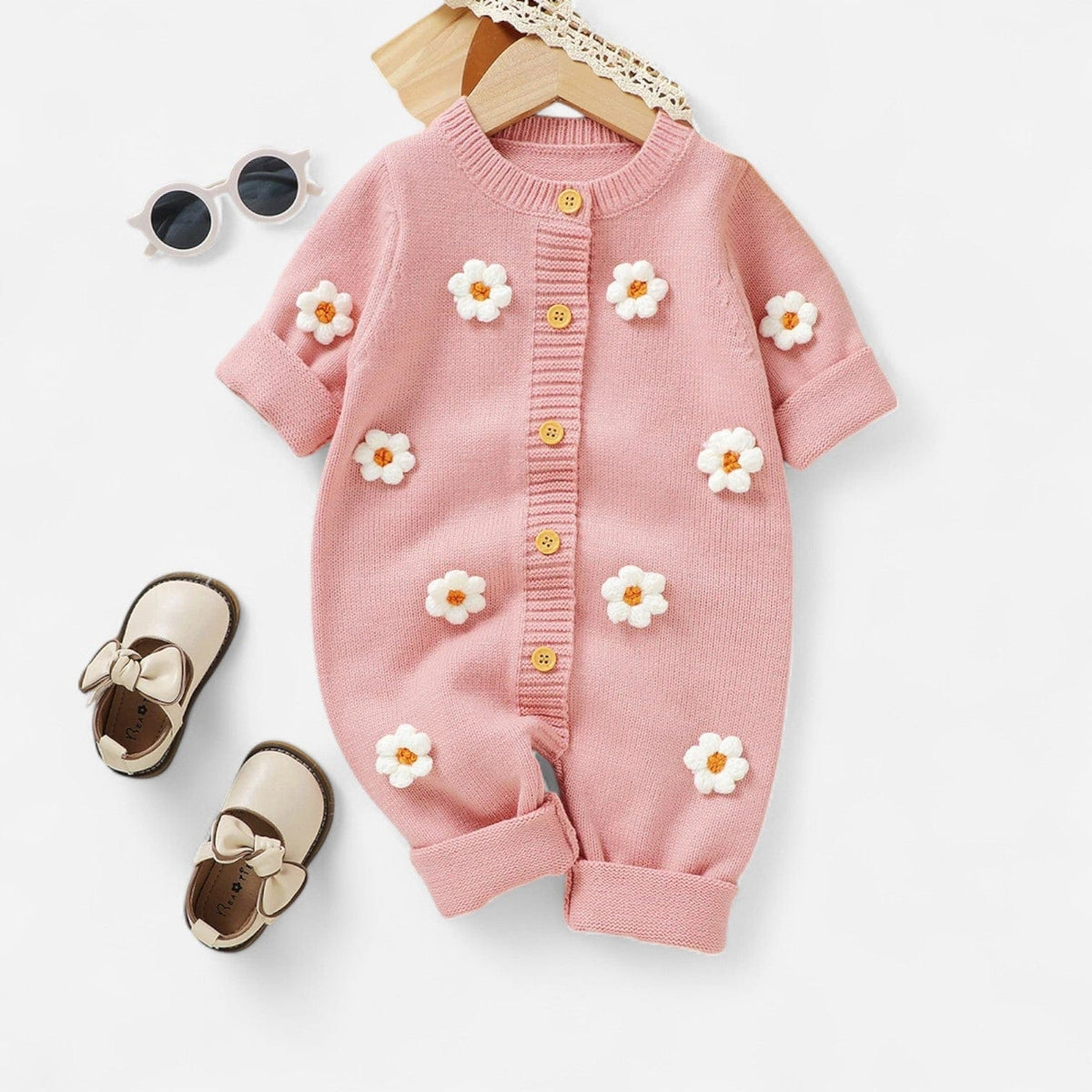 Combinaison Bebe Laine Fleurie - Rose