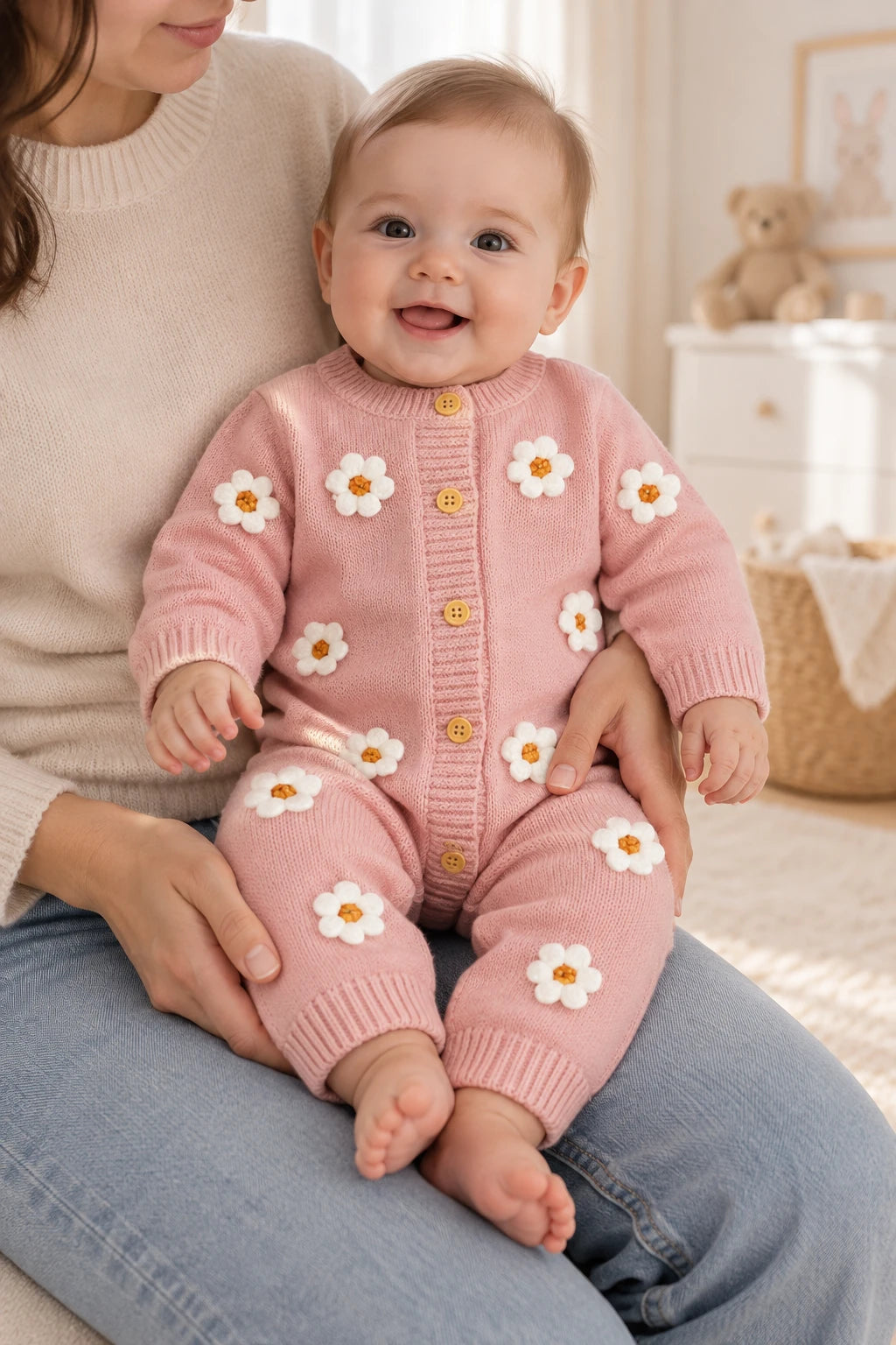 Combinaison Bebe Laine Fleurie - Rose