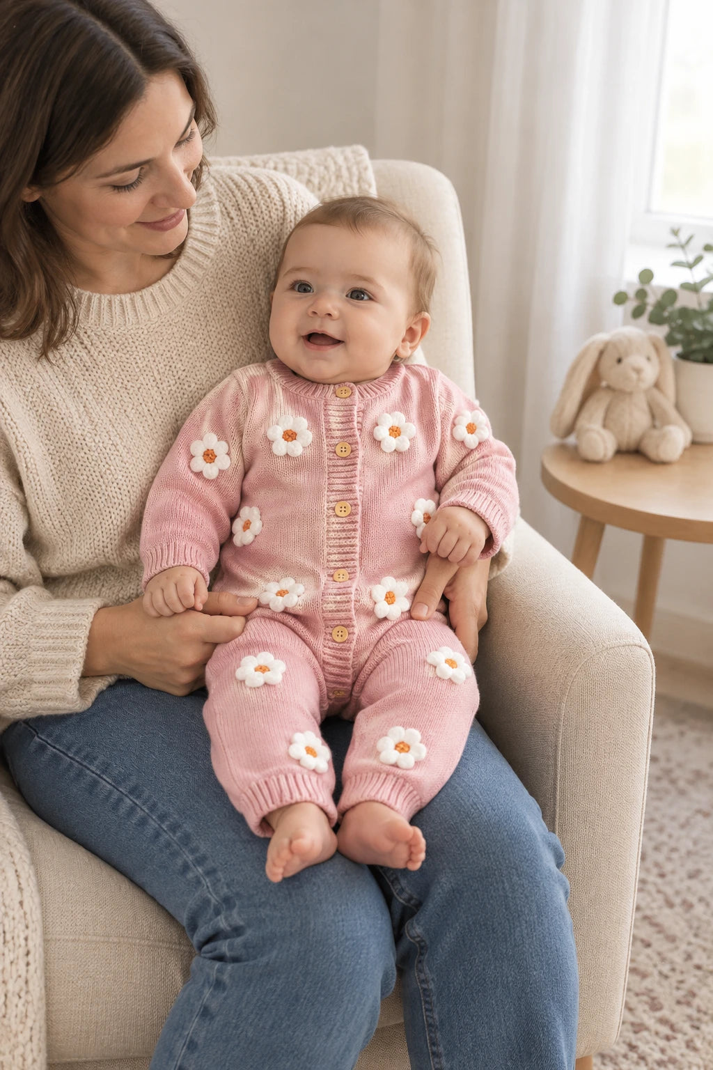 Combinaison Bebe Laine Fleurie - Rose