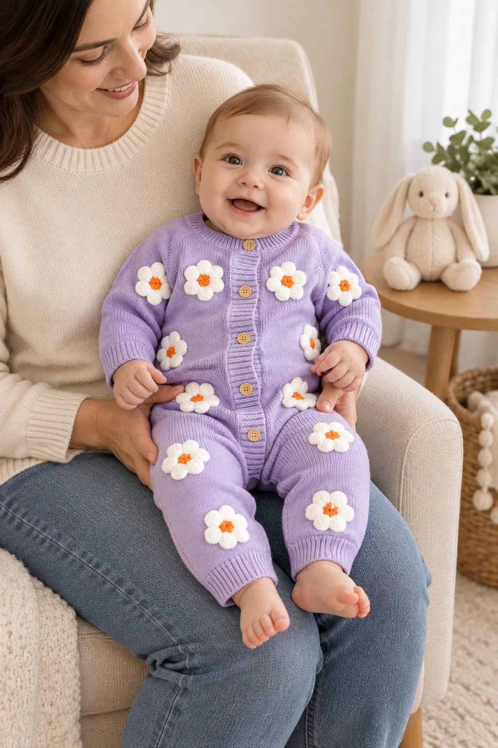 Combinaison Bebe Laine Fleurie - Violet