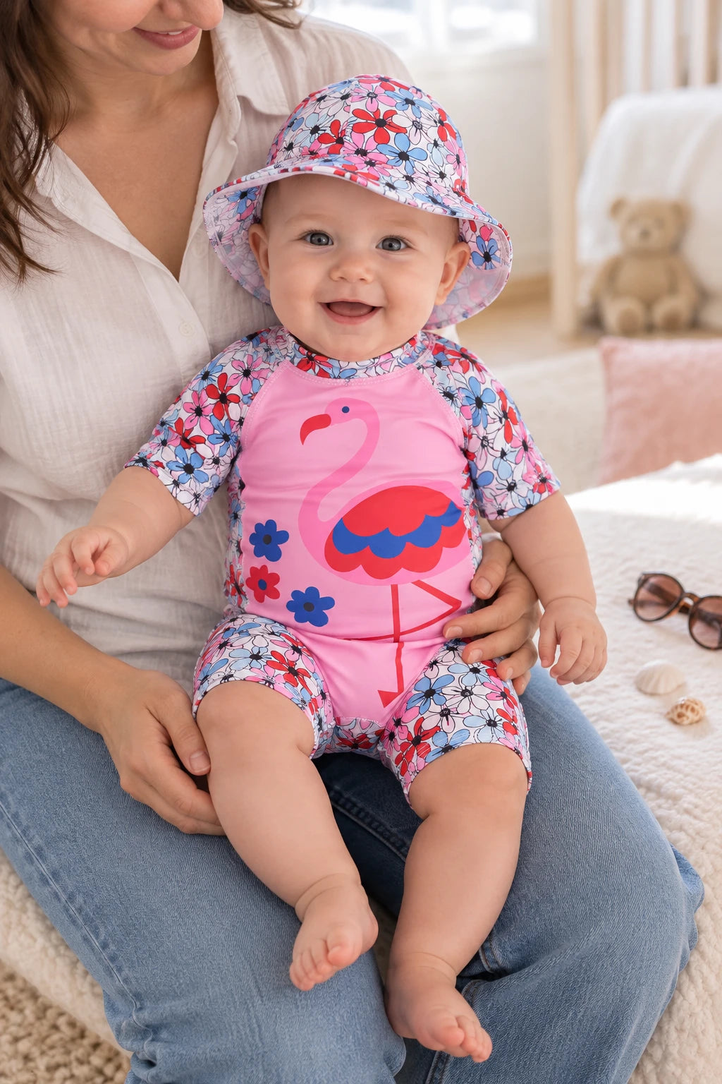 Combinaison Bebe Nageur - Flamant Rose à Fleurs