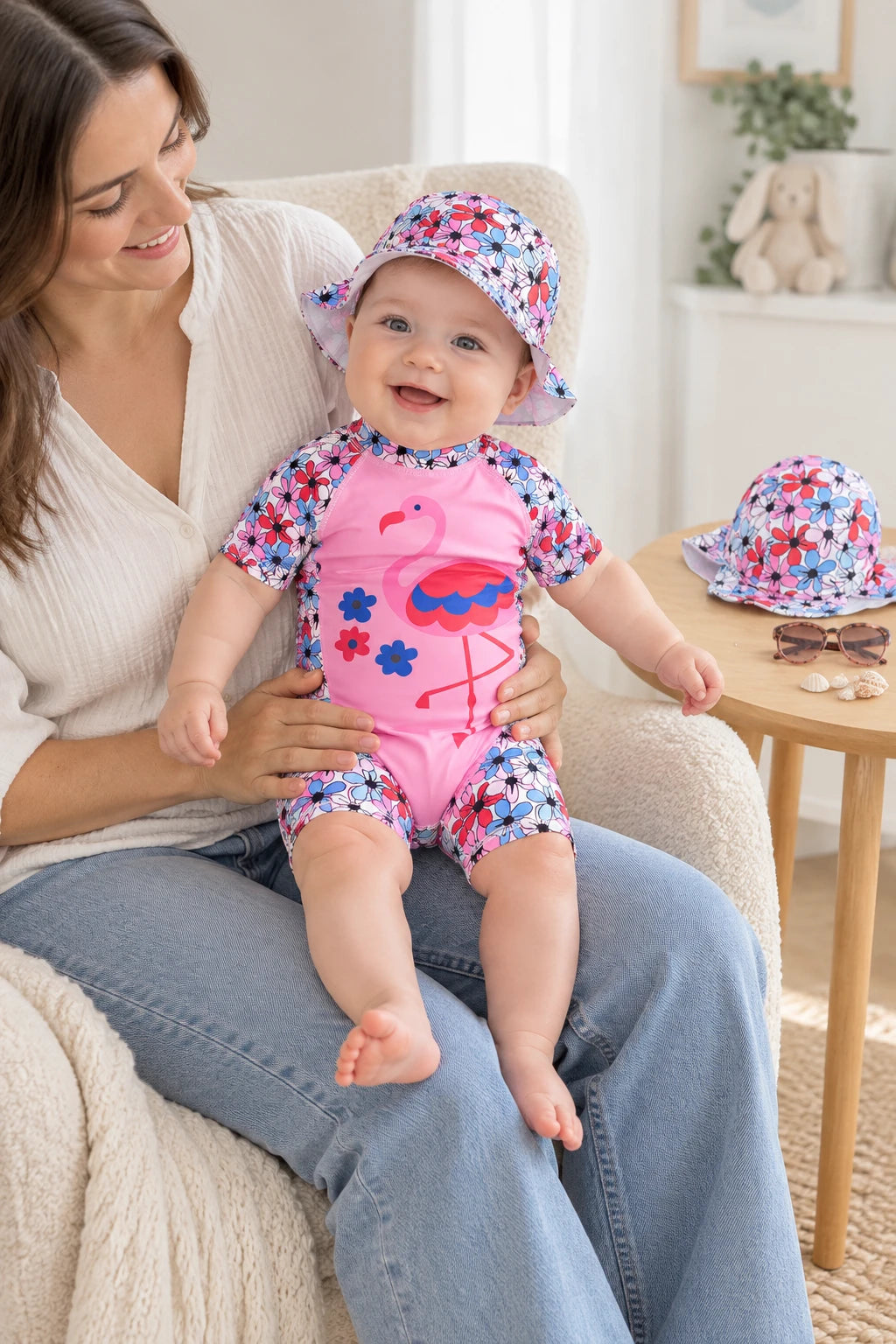 Combinaison Bebe Nageur - Flamant Rose à Fleurs